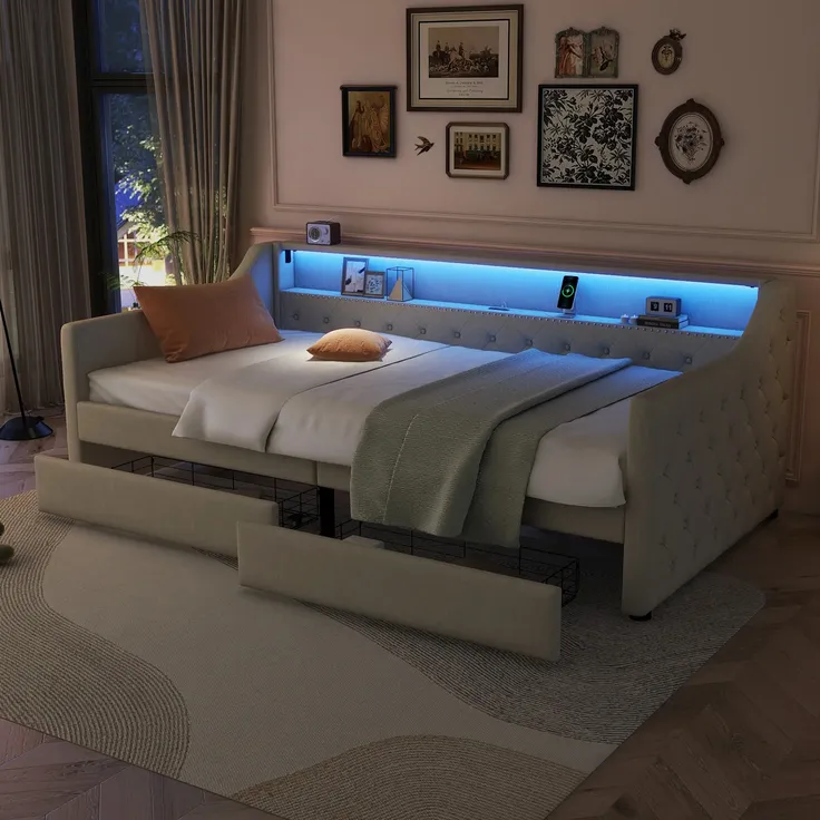 Schlafsofa mit LED-Streifen, Lattenrost und 2 Schubladen, 90x200cm, Polsterbett, Einzelbett, Jugendbett, Leinenbezug – Bild 2