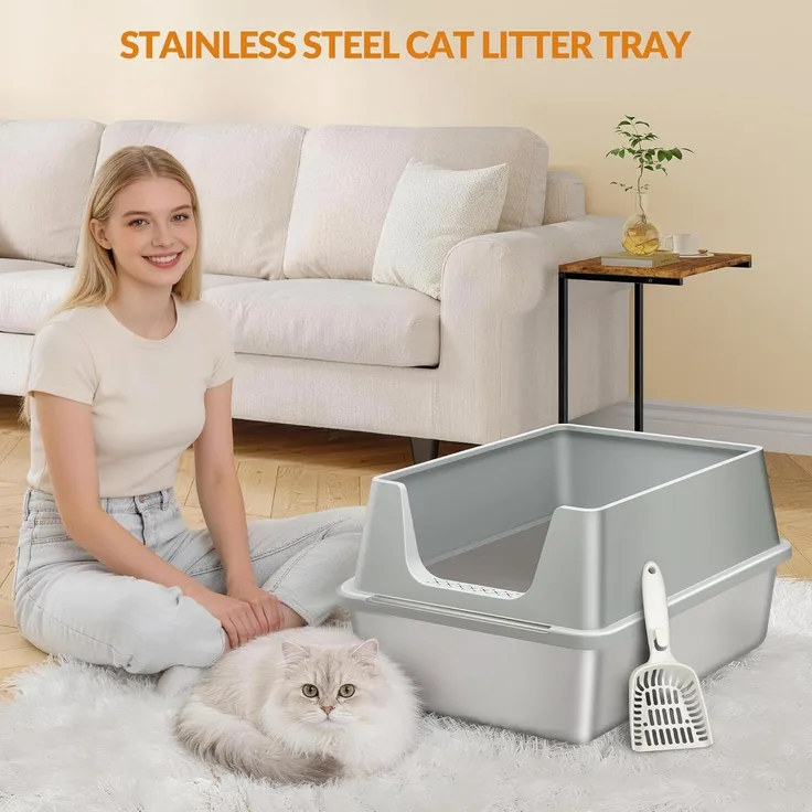 Katzenklo Edelstahl, XXL Metall Katzentoilette Groß, Katzenklo Edelstahl mit Hoher Rand, mit Schaufel, Offenes Design, Leicht zu Reinigen, 60,5L x 40B x 29H cm, Hellgrau