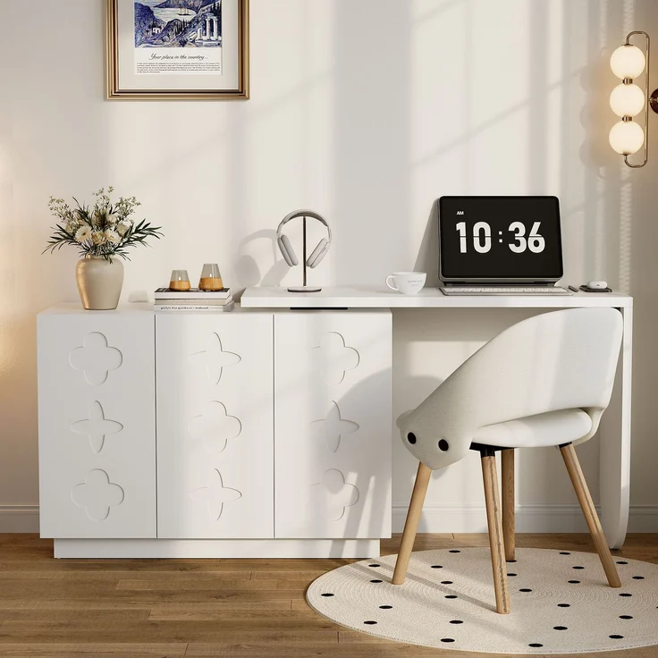 Schreibtisch, drehbarer L-förmiger Eck-Computertisch, Bürotisch, Frisiertisch, weiß 110 cm – Bild 1