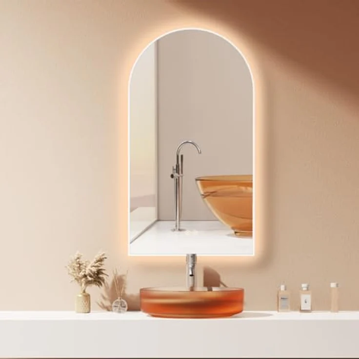 HOKO Modesto LED Bogenspiegel 50x90 cm / 90x50 cm, Antibeschlag-Funktion, Touch-Schalter, stufenlos wechselbare Lichtfarbe 2700-6500K, weißer Metallrahmen, HOCH+QUER Montage – Bild 1
