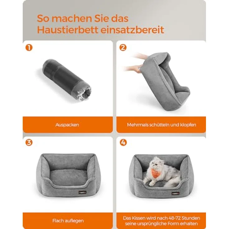 Feandrea Katzenbett, Hundebett, Hundekissen in Leinenoptik, erhöhte Ränder, rutschfeste Unterseite, Bezug abnehmbar waschbar, S, für Minihund, 60 x 50 x 21 cm, hellgrau PGW009G02 – Bild 10