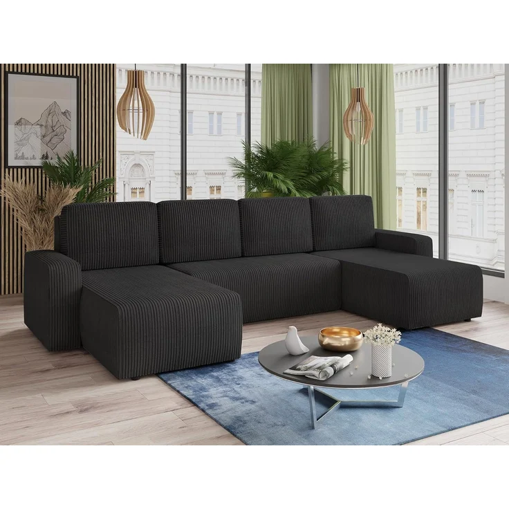 Wohnlandschaft mit Schlaffunktion Roma - U-Form Couch, Schlafsofa mit Bettkasten, Couchgranitur mit Bettfunktion, Big Sofa, Cord Stoff (Schwarz (Poso 135)) – Bild 2