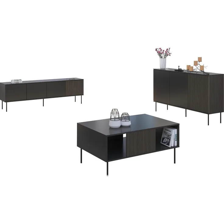 Wohnzimmer-Set Nianve I (Farbe: Schwarz / Schwarz + Nuss)