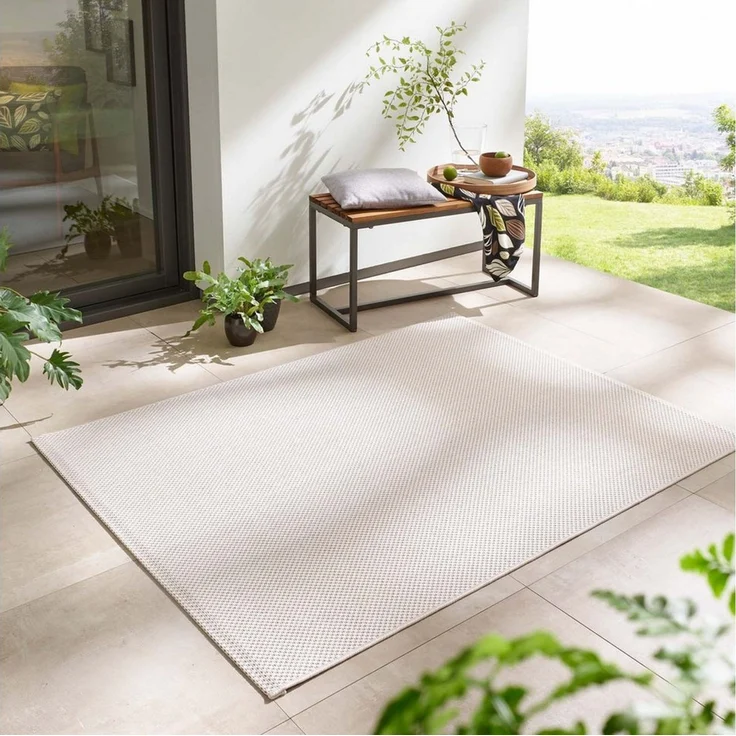 TaraCarpet Teppich Regina Teppich aus robustem Flachgewebe für In und Outdoor, rechteckig, Höhe: 7 mm, Küche Wohnzimmer Terrasse Garten Balkon uni creme 120X160 – Bild 5