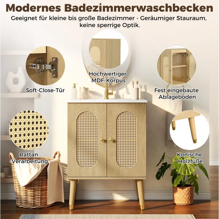 Badunterschrank 61 x 47 x 89 cm mit Keramikwaschbecken, Rattantüren und Stauraum – Bild 4