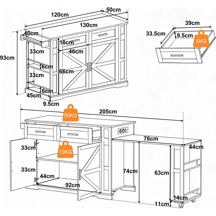 EINHOM Kücheninsel mit Ausziehbarer Arbeitsplatte, Küchenwagen 120 x 50 x 93 cm mit Steckdosenleiste, 2 Schubladen, Doppeltür-Schrank, Verstellbarem Einlegeboden, Handtuchhalter&7 Rollen, Weiß/Eiche – Bild 2