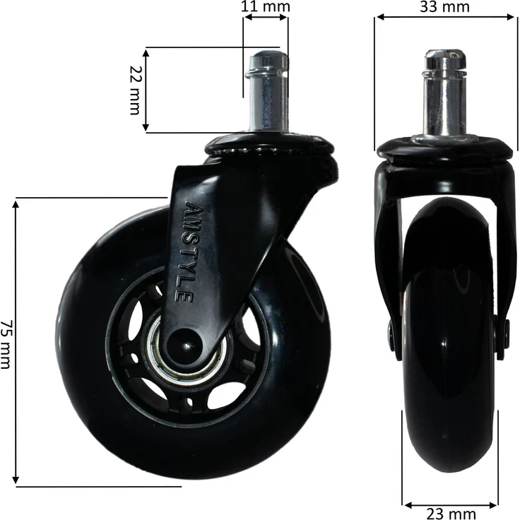 Universal-Schwerlastrollen 5er Set 75mm 11mm Stift Hartboden Schwarz Bürostuhlrollen – Bild 3