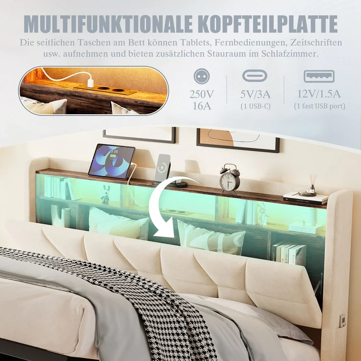 LVHOM Doppelbett 140x200cm mit LED&USB, Polsterbett mit hydraulischem Stauraum, Samtstoff, Beige – Bild 4