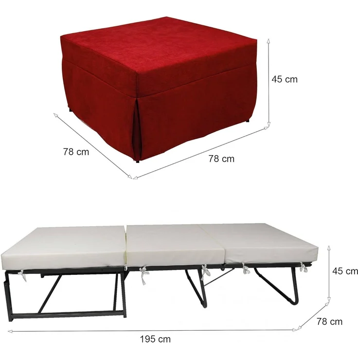 Dmora In ein Bett umwandelbarer Pouf, aus gepolstertem Stoff, inklusive Netz und Matratze, cm 75x75h42 cm, Farbe Rot – Bild 3