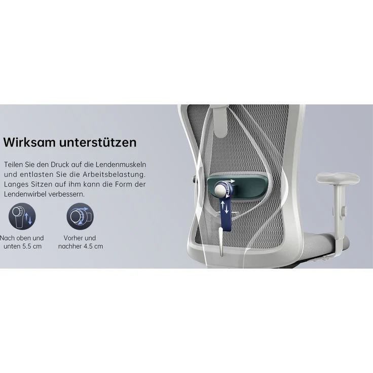Sihoo Ergonomischer Stuhl M18, 130 x 74 cm, weißer Rahmen + graues Netzgewebe – Bild 15