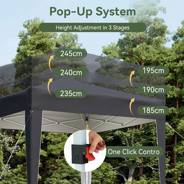 Aoxun Pop Up Pavillon 2x2m Wasserdicht, Metallrahmen-Schutzzelt, Höhe Verstellbar, Faltpavillon 2x2 mit Tragetasche für Camping Party, Grau – Bild 5