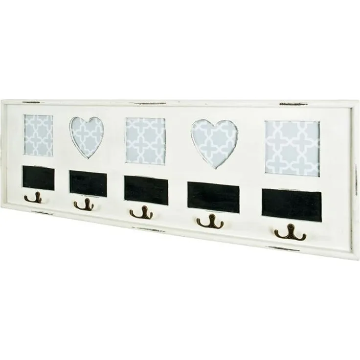 Haku Wandgarderobe mit 5 Garderobenhaken und eingelassenem Bilderrahmen, antikweiß lackiert aus MDF und Massivholz Tanne, Industrial-Stil, 77x3x26 cm