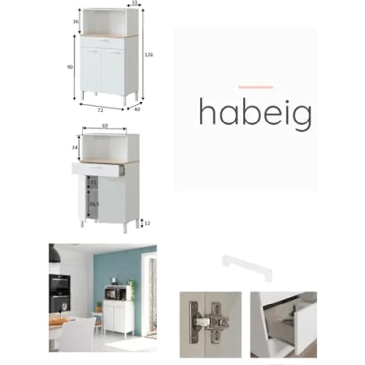 habeig Küchenbuffet Küchenschrank, Singleküche, Mehrzweckschrank, weiß, gross Tiefe ca. 40 cm – Bild 7