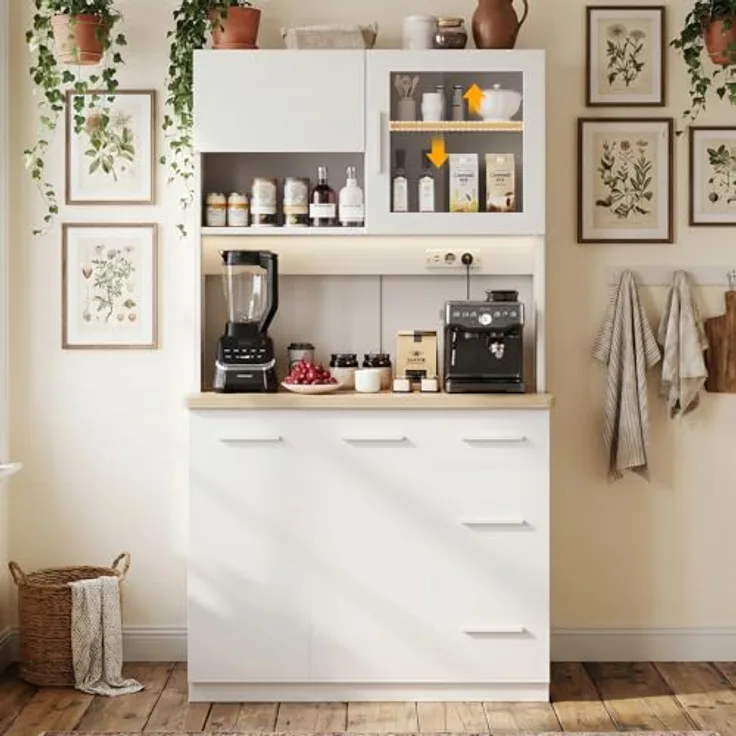 JUMMICO Buffetschrank, 100 x 40 x 182(H) cm, Küchenschrank mit 2 Steckdosen und LED Streifen 3000K, Küchenbuffet mit verstellbaren Einlegeboden und Arbeitsplatte 24 mm, Weiß