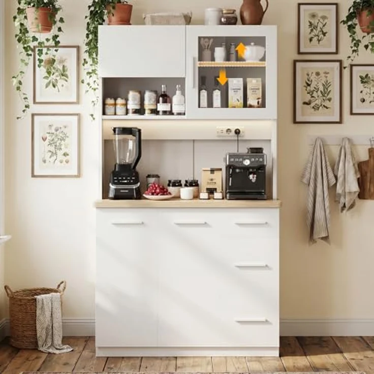 JUMMICO Buffetschrank, 100 x 40 x 182(H) cm, Küchenschrank mit 2 Steckdosen und LED Streifen 3000K, Küchenbuffet mit verstellbaren Einlegeboden und Arbeitsplatte 24 mm, Weiß – Bild 1