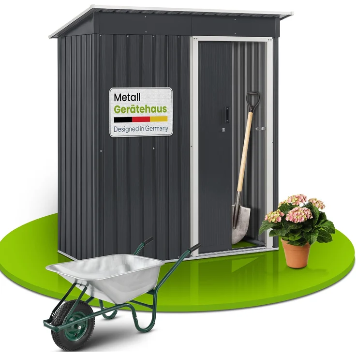 Juskys Metall Gerätehaus S mit Pultdach, Schiebetür & Fundamentrahmen | 1 m² | 164 x 88 x 182 cm | Anthrazit | Geräteschuppen Gartenhaus Schuppen – Bild 1
