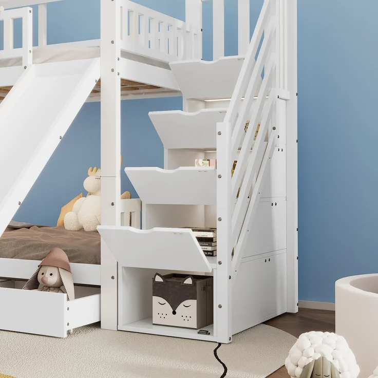 Etagenbett Hausbett 90x200 mit Treppe Stauraum Rutsche Schubladen Kinderbett Hochbett Spielbett Kiefernholz Weiß – Bild 6