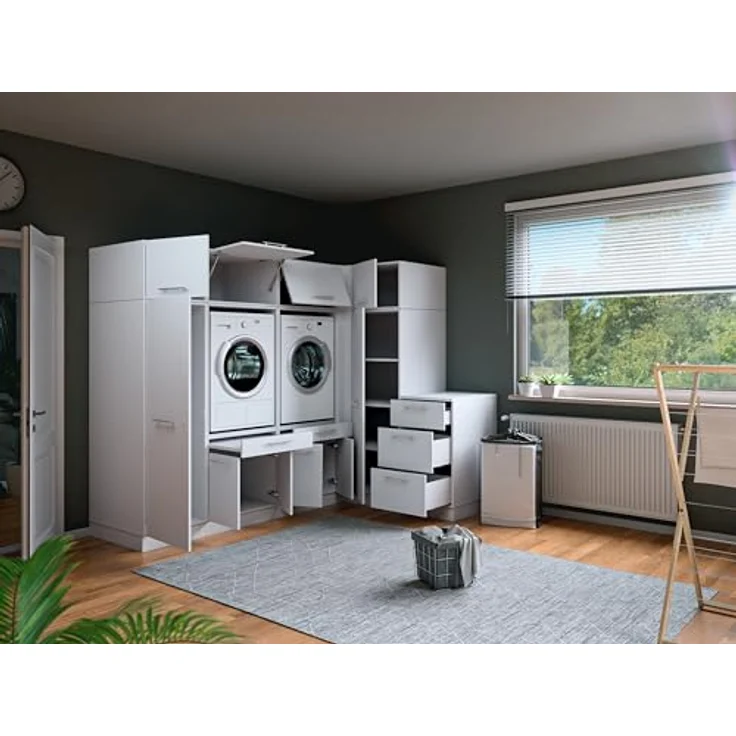 Laundreezy Waschraum Komplett-Set, Weiß - Modulares Schranksystem für Waschküche & Hauswirtschaftsraum - 253 x 200 x 68 cm (B/H/T) – Bild 9