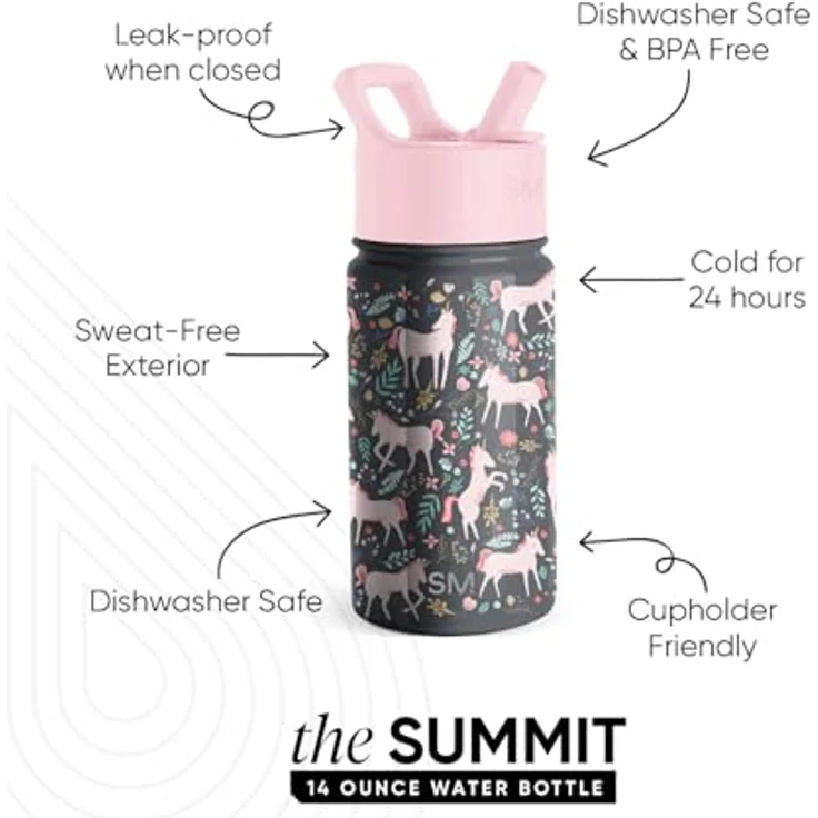 Simple Modern Trinkflasche Kinder mit Strohhalm | Sport Isolierte Edelstahl-Kindertrinkflasche für Kleinkinder Jungen und Mädchen | Summit | 415ml | Unicorn Fields – Bild 2