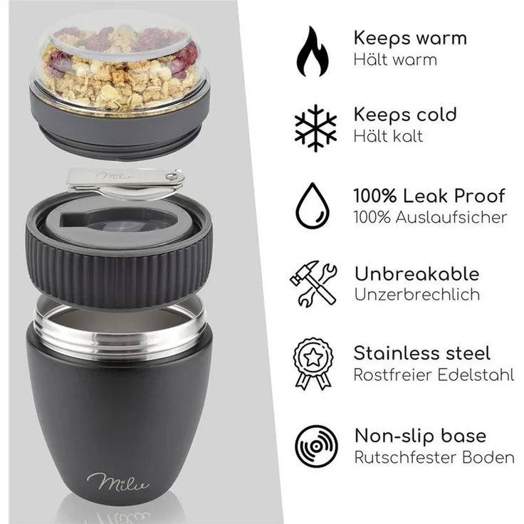 Milu Müslibox Müslibecher To Go Edelstahl 400 ml, isoliert, auslaufsicher, Müslimax Set – Bild 3