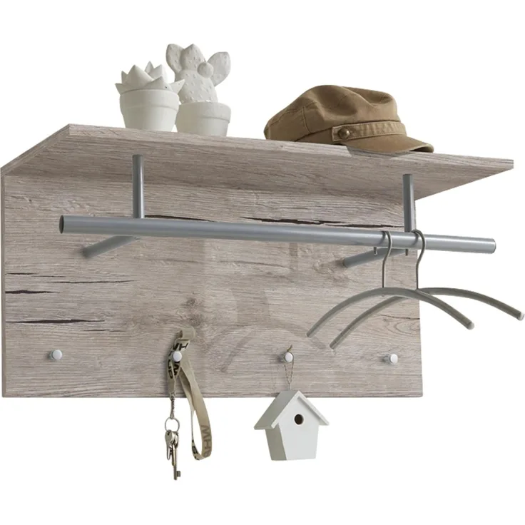 FMD Möbel - SPOT - Wandgarderobe mit Kleiderstange und 4 Haken - melaminharzbeschichtete Spanplatte - Sandeiche Nb - 72 x 34,5 x 29,3cm