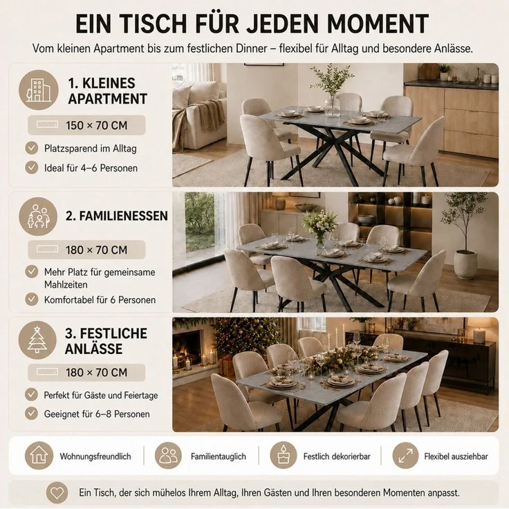 i@home Esstisch Küchentische Kaffee- & Freizeittisch (Kreuzbein-Design, 1-St, automatisch erweiterbar), moderner Ausziehbarer 150/180×70×76 cm Marmorstruktur – Bild 3