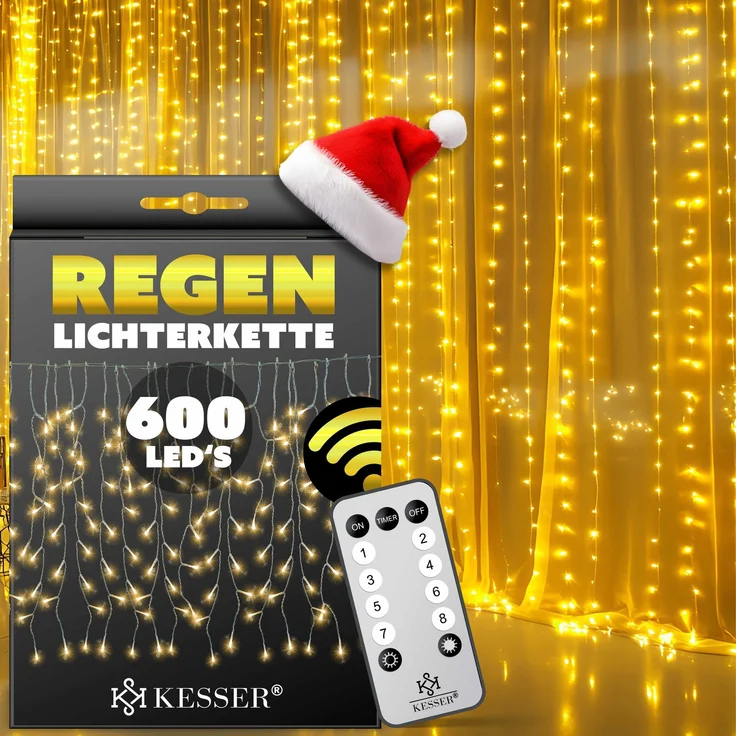 KESSER® LED Lichterkette, inkl. Fernbedienung, mit 8 Modi & Timer, Lichtervorhang mit mini LED´s, Warmweiß, 600 LED's