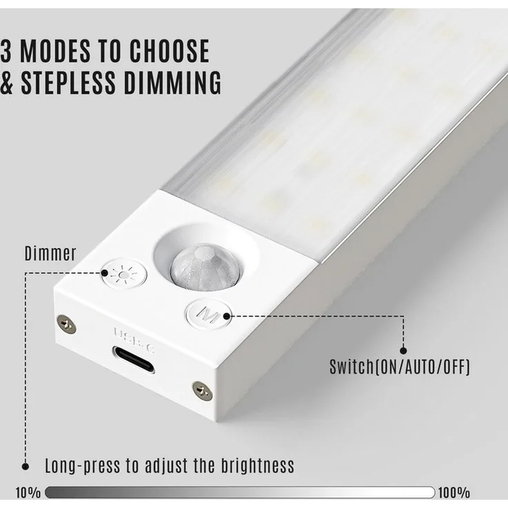 LQWELL LED Unterbauleuchte mit Bewegungsmelder, Dimmbar, Akku, USB-C Wiederaufladbar Schranklicht, LED fest integriert, Treppenlicht, Nachttischlampe 42,5 cm, 2200 mAh