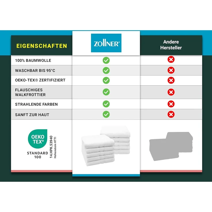 ZOLLNER 10er Set Handtücher, 50x100 cm, 100% Baumwolle, weiß – Bild 6