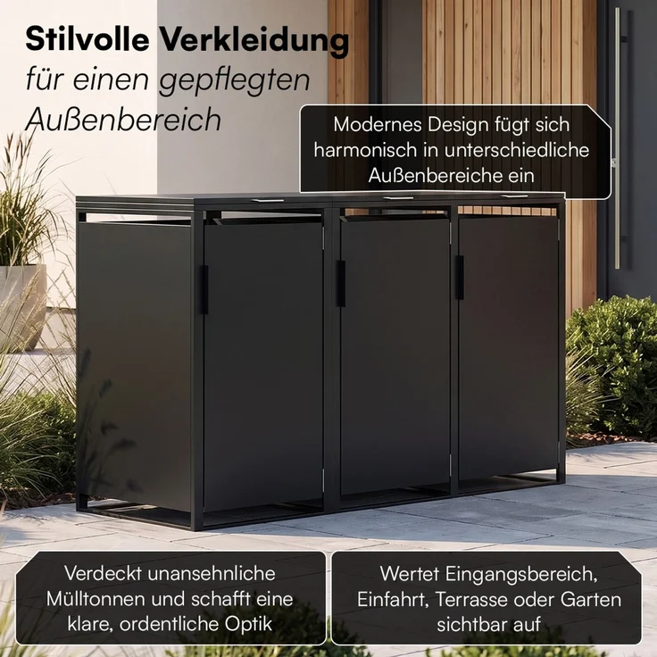 STEELSØN 'Thoria' Mülltonnenbox 3er je 240 Liter, graphitschwarz, Mülltonnenverkleidung aus Stahl, wetterfest, 116x80x203 cm, Müllbox für 3 Tonnen – Bild 11
