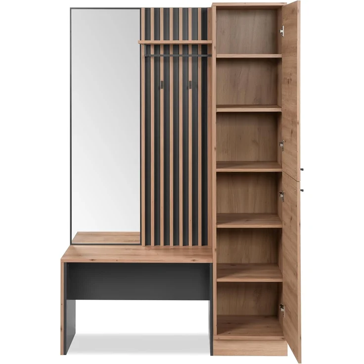 Finori Medan 42B Kompaktgarderobe, Dekor Artisan Oak / anthrazit | Kompaktgarderobe für Flur | Maß: B x H x T ca. 122 x 190 x 37 cm | Kompaktgarderobe mit 2 Türen, Spiegel, Hutablage, Kleiderstange, Bank und 2 Haken – Bild 6
