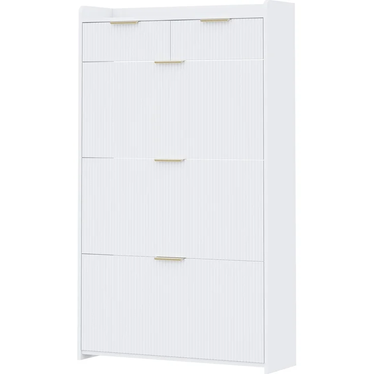 ZUBALIYA Schuhschrank (80 x 25 x 135 cm), 3 Klappfächer und 2 Schubladen, Aus Spanplatte, Stauraum für Flur und Eingangsbereich, Weiß – Bild 16