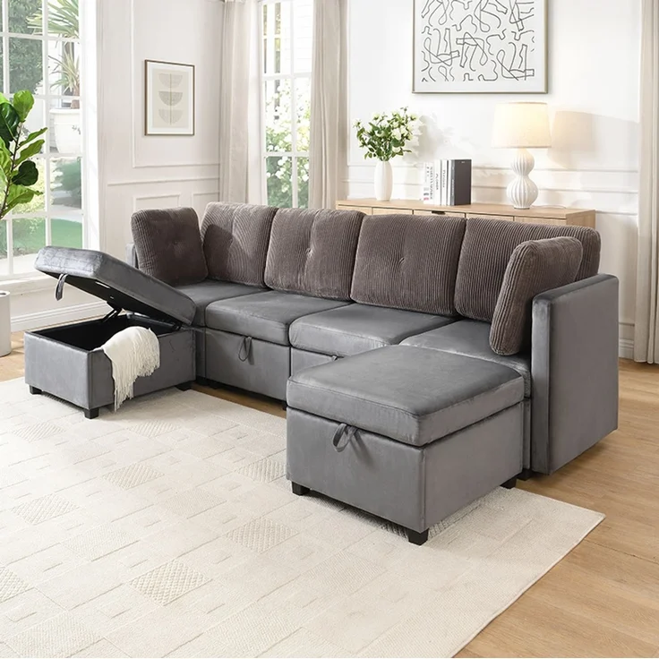 Modulares U-Sofa, Samt & Cord mit Stauraum, 261x132,5x85 cm, Antikgrau – Bild 1