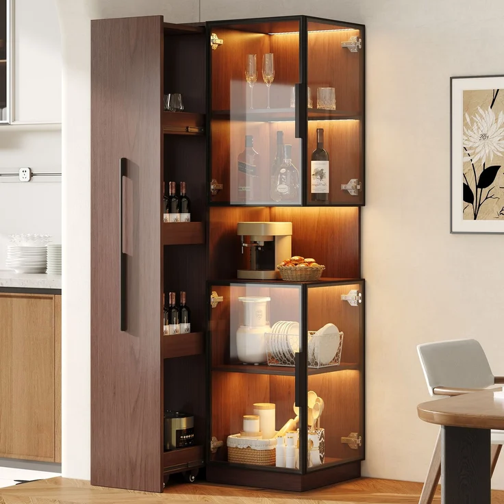 ZUBALIYA Vitrinenschrank 70×38×160 cm mit Ausziehregal – Doppelglas-Standvitrine LED, MDF-Schrank Walnuss, Glasvitrine & Aufbewahrung, multifunktionaler Hochschrank für Wohnzimmer, Esszimmer, Küche – Bild 1