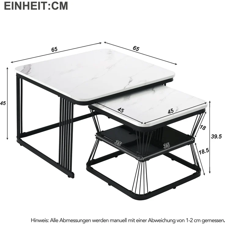 2er-Set Beistelltische, Marmoroptik weiß/schwarz, 65x65x45 & 45x45x39,5 cm – Bild 10