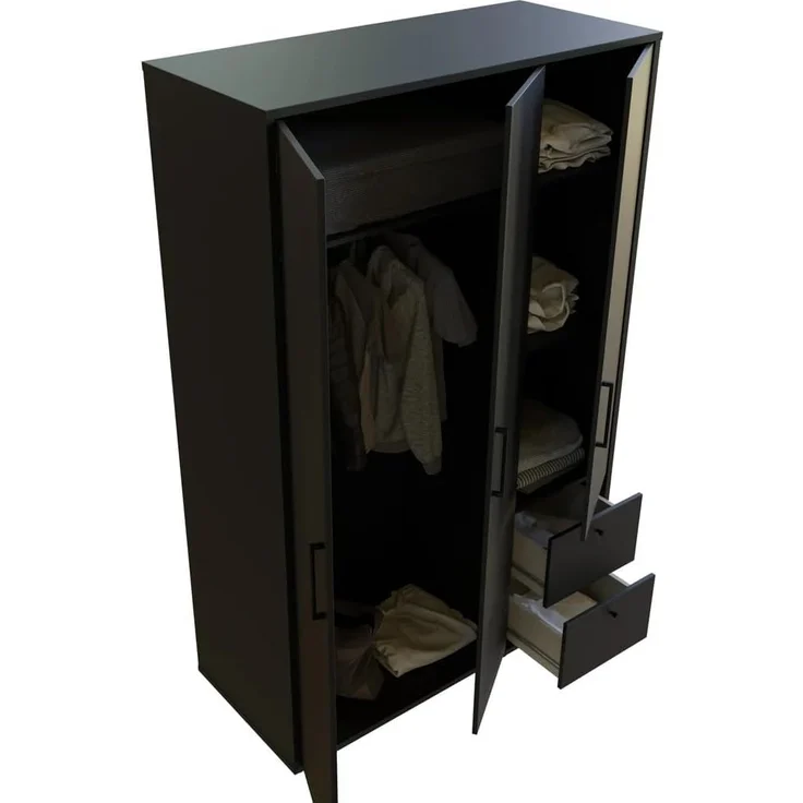 FORTE PYS Moderner Kleiderschrank 125, 3-türig, 2 Schubladen, Schwarz, 124,2 cm B x 190,4 cm H x 54,0 cm T – Bild 10