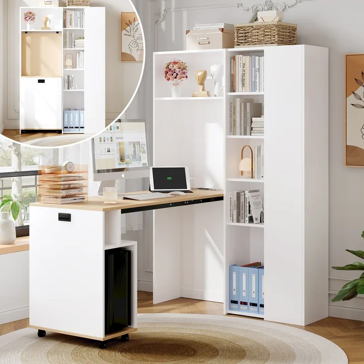 Klappbarer Schreibtisch mit Ablagen –2-in-1-Bücherregal und Schreibtisch, klappbar, mit Steckdose und USB-Anschluss, höhenverstellbare Ablagen, Kippschutz, weiß-Schreibtisch,Eck-Schreibtisch-rechts