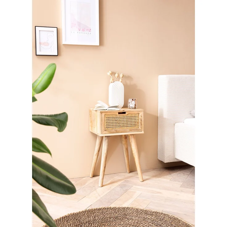 FINEBUY Nachttisch FB98155 (Massivholz / Rattan 40 x 60 x 30 cm Nachtschrank), Nachtkonsole mit Schublade, Nachtkästchen Modern – Bild 2
