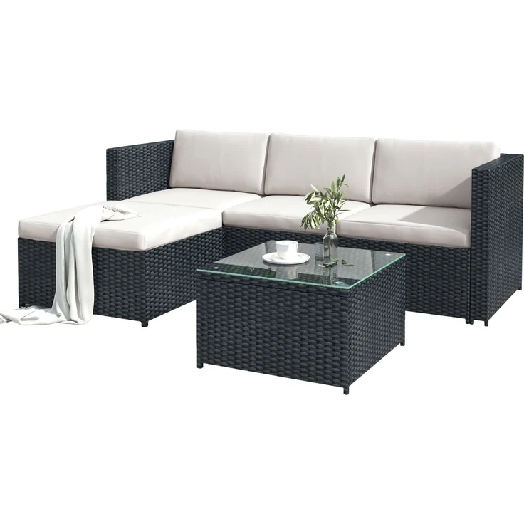 Merax Polyrattan Gartenmöbel Set (2-tlg), Balkonmöbel Set Kleiner Balkon Loungeset, Terassenmöbel Wetterfest mit Sofa, Tisch, Hocker und Kissen, Schwarz – Bild 10