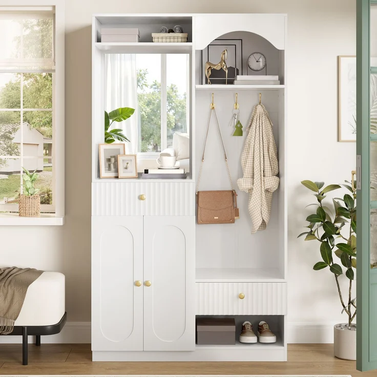 Kompaktgarderobe mit Spiegel und Sitzbank,Flurgarderobe mit Schuhschrank und Haken, Kleiderhaken,Kompaktgarderobe,Flurmöbel Set,Flurgarderobe,LED-Streifen mit einstellbarer Farbe--Weiß--100x35x180cm--YOUDENOVA – Bild 7