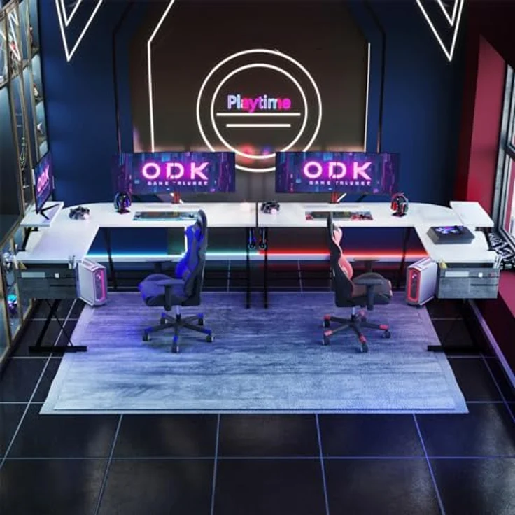 ODK Gaming Tisch, Computertisch, Gaming Schreibtisch mit runder Ecke, Gaming-Tisch mit Monitorablage (Weiß, 167x120 cm) – Bild 3