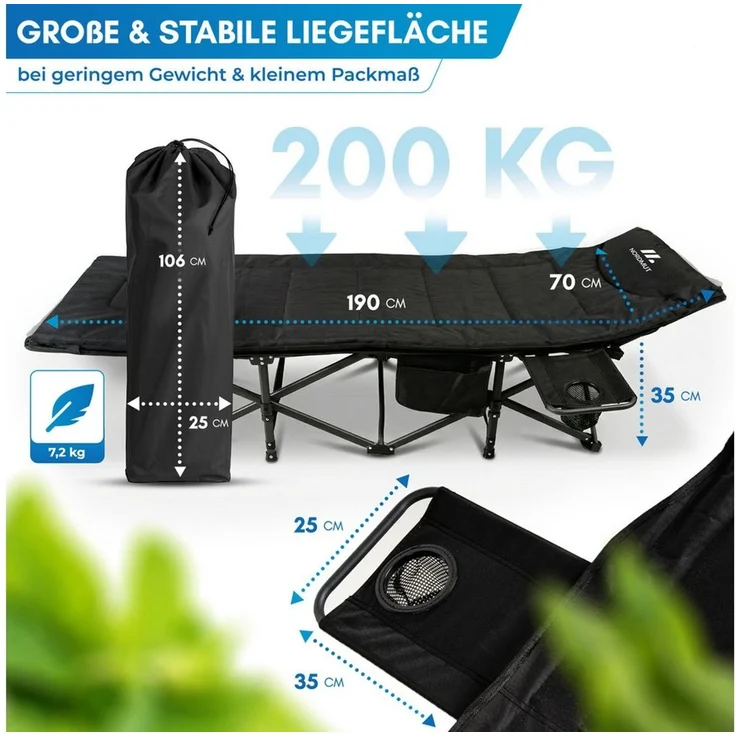 Nordmut Feldbett Klappbar mit Matratze, Campingbett Gästebett, Outdoor Erwachsene (Spar-Set, 1-St, Nordmut Kebne mit Auflage, Nachttisch & Tragetasche) mit Auflage, Tragetasche, Seitentasche, Nachttisch, 200 kg belastbar – Bild 2