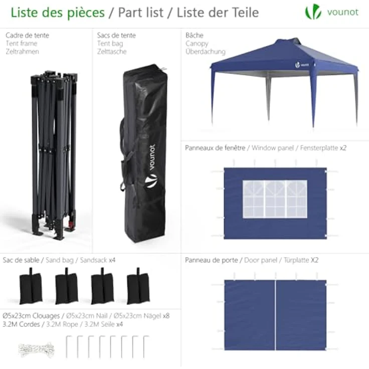 VOUNOT Pavillon 3x3 m Wasserdicht Stabil Winterfest, Pop Up Faltpavillon mit 4 Seitenteilen und 5 Sandsäcke, Faltbar Partyzelt Gartenzelt Gartenpavillon inkl. Tasche, Glau – Bild 3