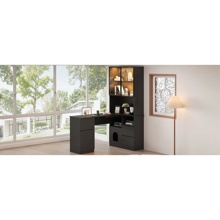ZUBALIYA Eckschreibtisch mit Regal und LED-Vitrinenschrank 120×80×180 cm – Schreibtisch mit Kabeldurchlass, 3 Schubladen, 2 Türen, offenen Fächern,Ein Eckschreibtisch mit eingebautem Bücherregal ,Schwarz – Bild 13