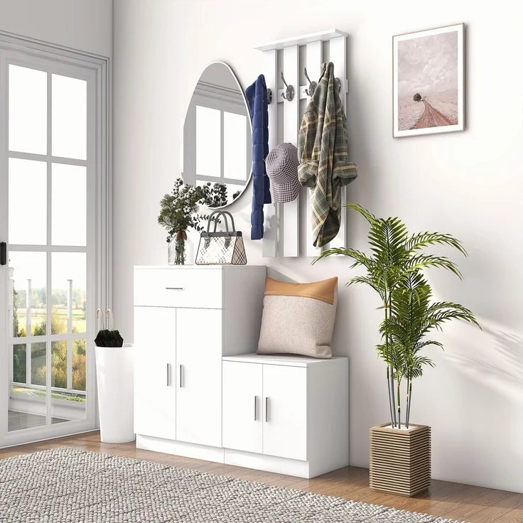 Kombinierter Schuhschrank mit Kleiderhaken für den Eingangsbereich und das Schlafzimmer, Holz, 100 x 32 x 187 cm, weiß – Bild 4