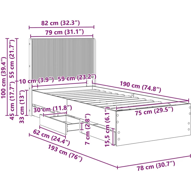 vidaXL Bettgestell mit Stauraum und Kopfteil Räuchereiche 75 x 190 cm 3413993 – Bild 12