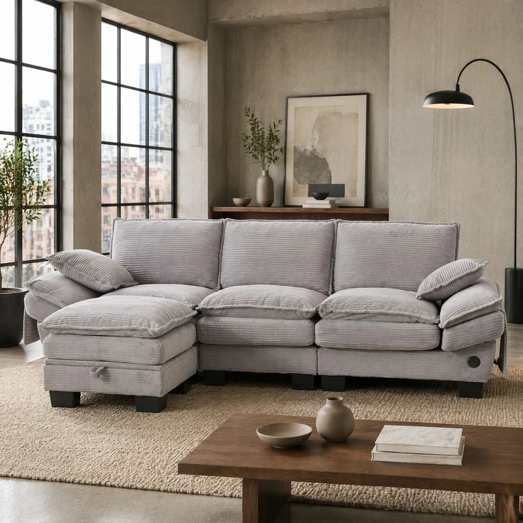 DESVIAE Sofa 3-Sitzer mit Hocker und USB-C-Anschluss 260x84x132 cm Cord Hellgrau – Bild 1