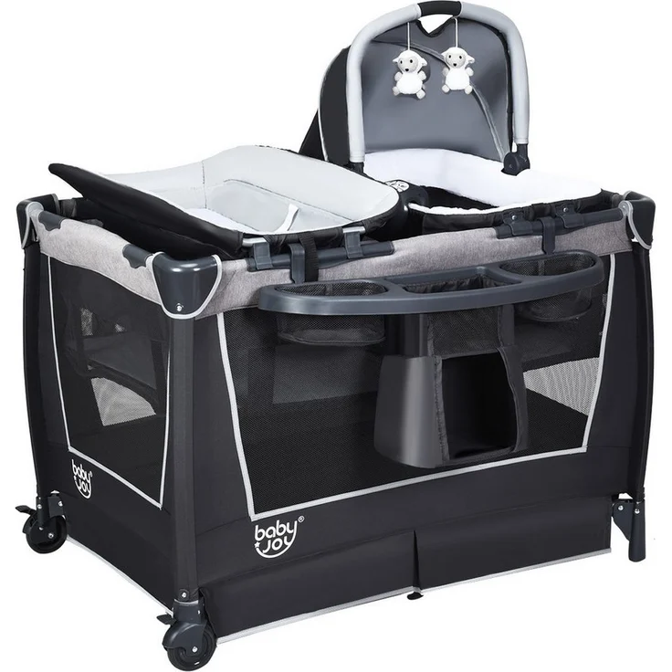 COSTWAY 4 in 1 klappbares Reisebett & Wickeltisch & Laufstall & Babywiege mit Schaukelfunktion, inkl. Babykorb, Wickelauflage, Matratze, Spieluhr, Spielzeug, Aufbewahrungsregal und Tragetasche Grau – Bild 5