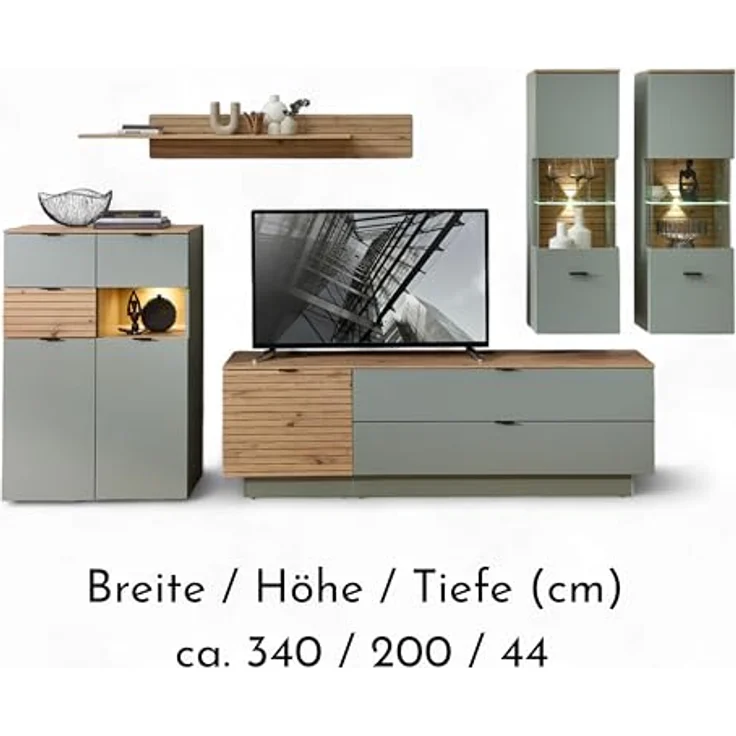 Stella Trading INA Wohnwand Komplett-Set in Schilfgrün, Artisan Eiche Optik FSC-Zertifiziert - Moderne Schrankwand 6-teilig mit LED-Beleuchtung für Ihr Wohnzimmer - 340 x 200 x 44 cm (B/H/T) – Bild 4