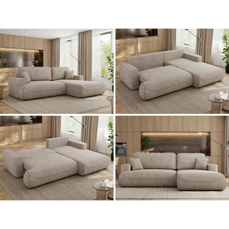 Ecksofa OVO mit schlaffunktion und bettkasten, Wellenfeder, lose Kissen, L-form 271x195 cm - Beige Struktur - rechte Seite – Bild 2